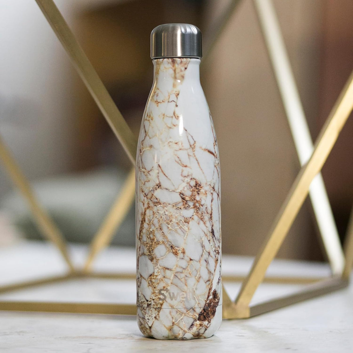 S'well Stainless Steel Water Bottle, 17oz, Calacatta Gold, Triple Layered Vacuum Insulated
