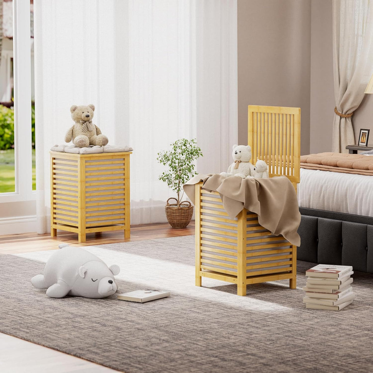SMIBUY Double Laundry Hamper with Lid, 120L Bamboo Laundry Basket with Removable Liner Bag