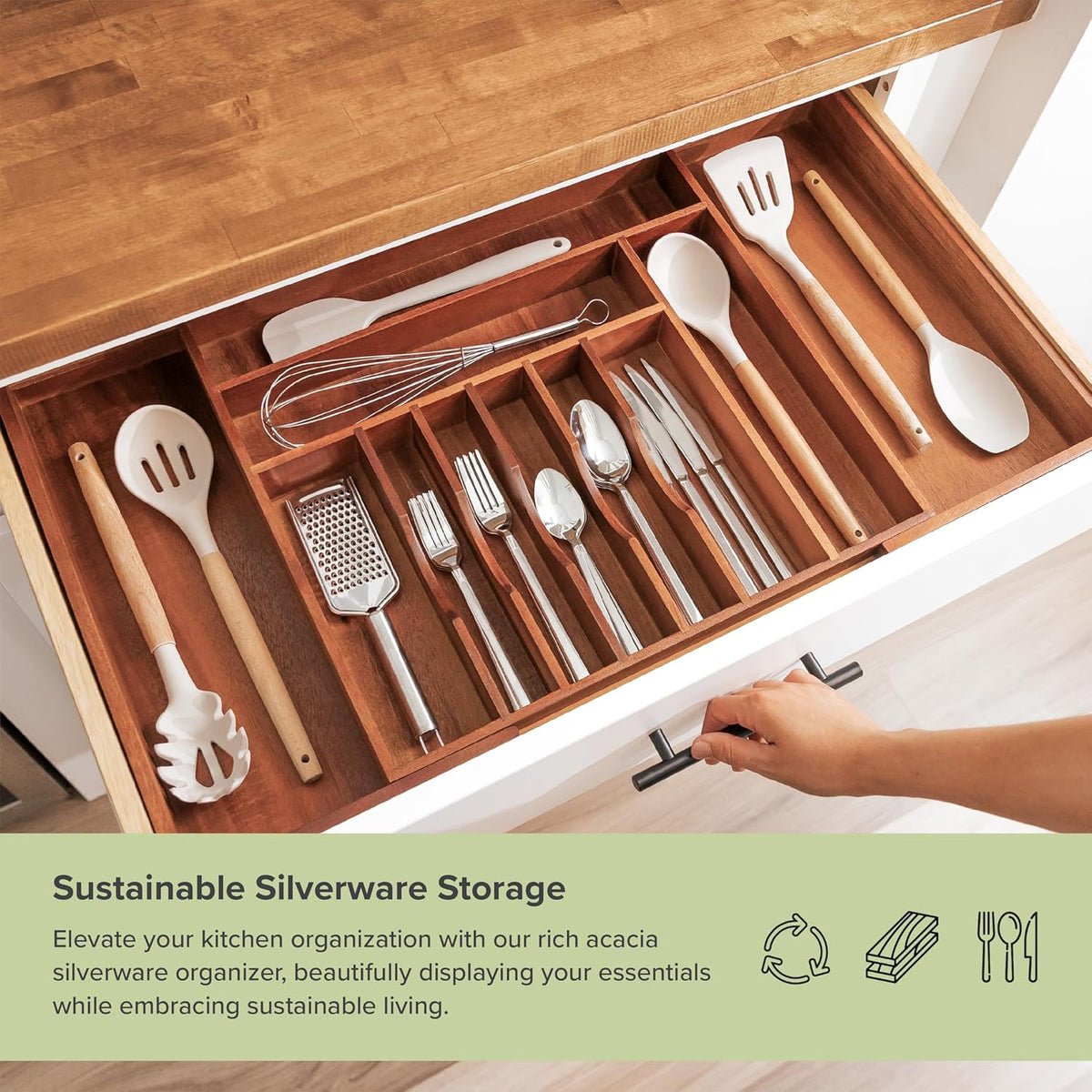 KitchenEdge Premium Silverware, Flatware and Utensil Organizer for Kitchen Drawers, Food-Safe