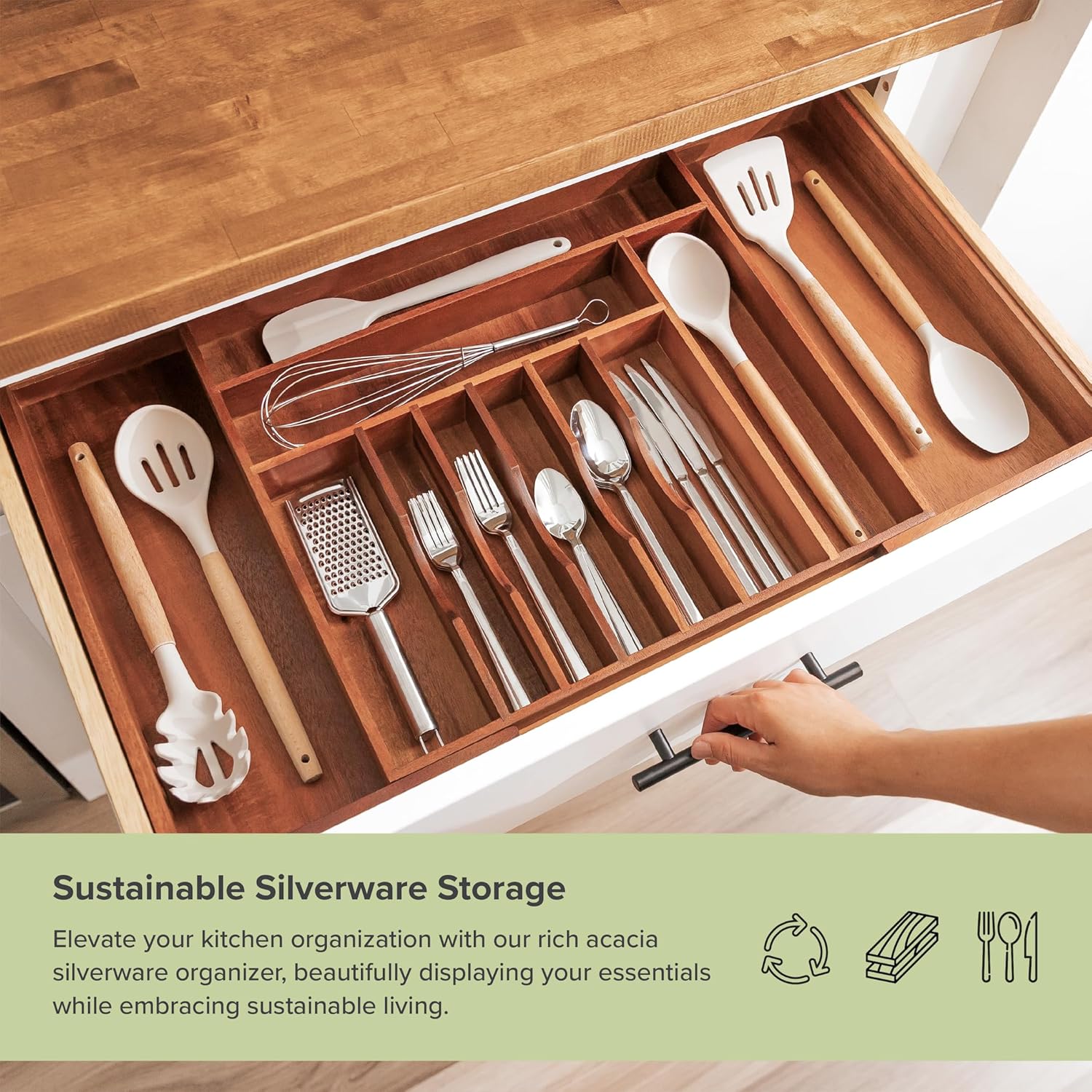 KitchenEdge Premium Silverware, Flatware and Utensil Organizer for Kitchen Drawers, Food-Safe