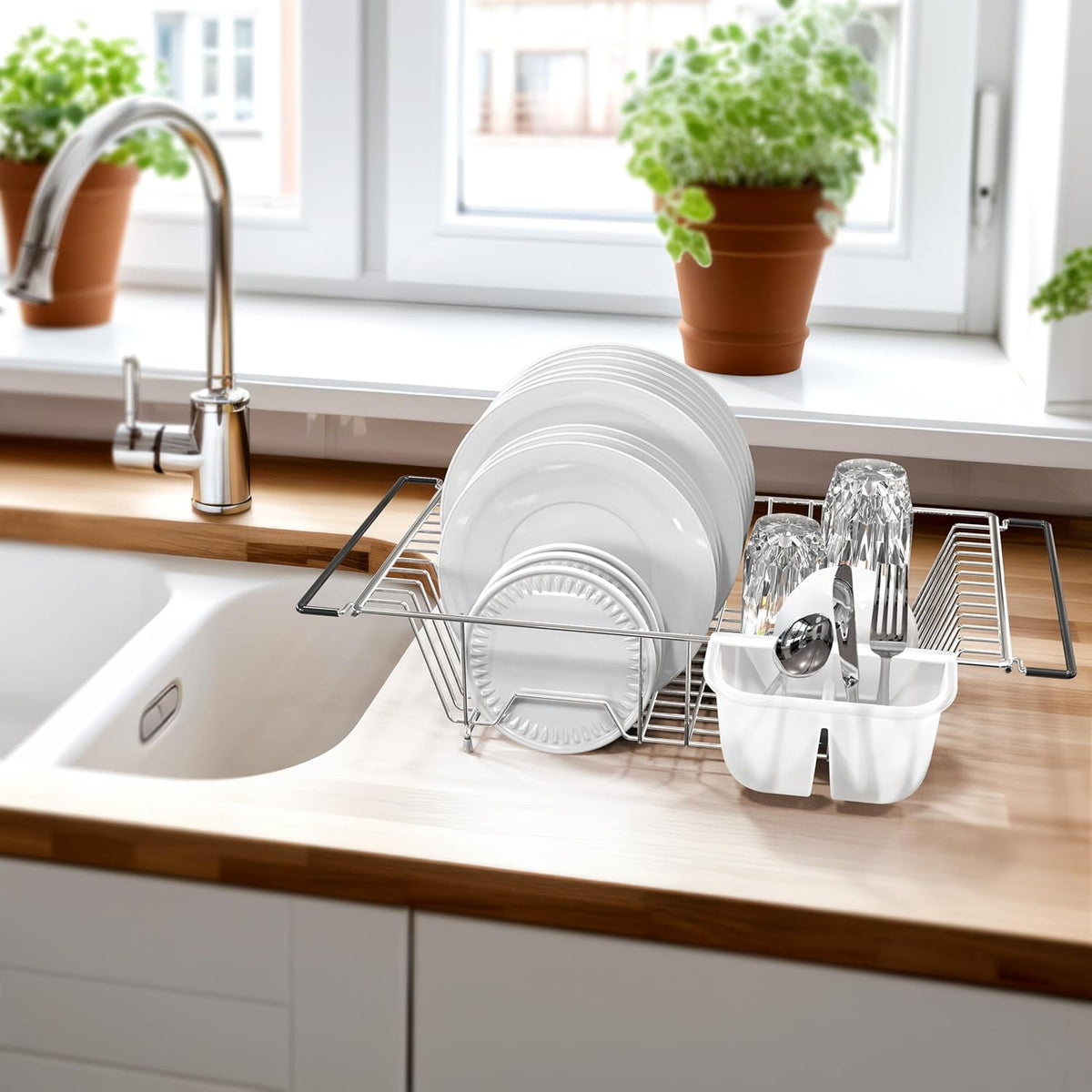 SIMPLE HOUSEWARE Large Over Sink Counter Top Stainless Steel Dish Drainer Drying Rack with Utensil