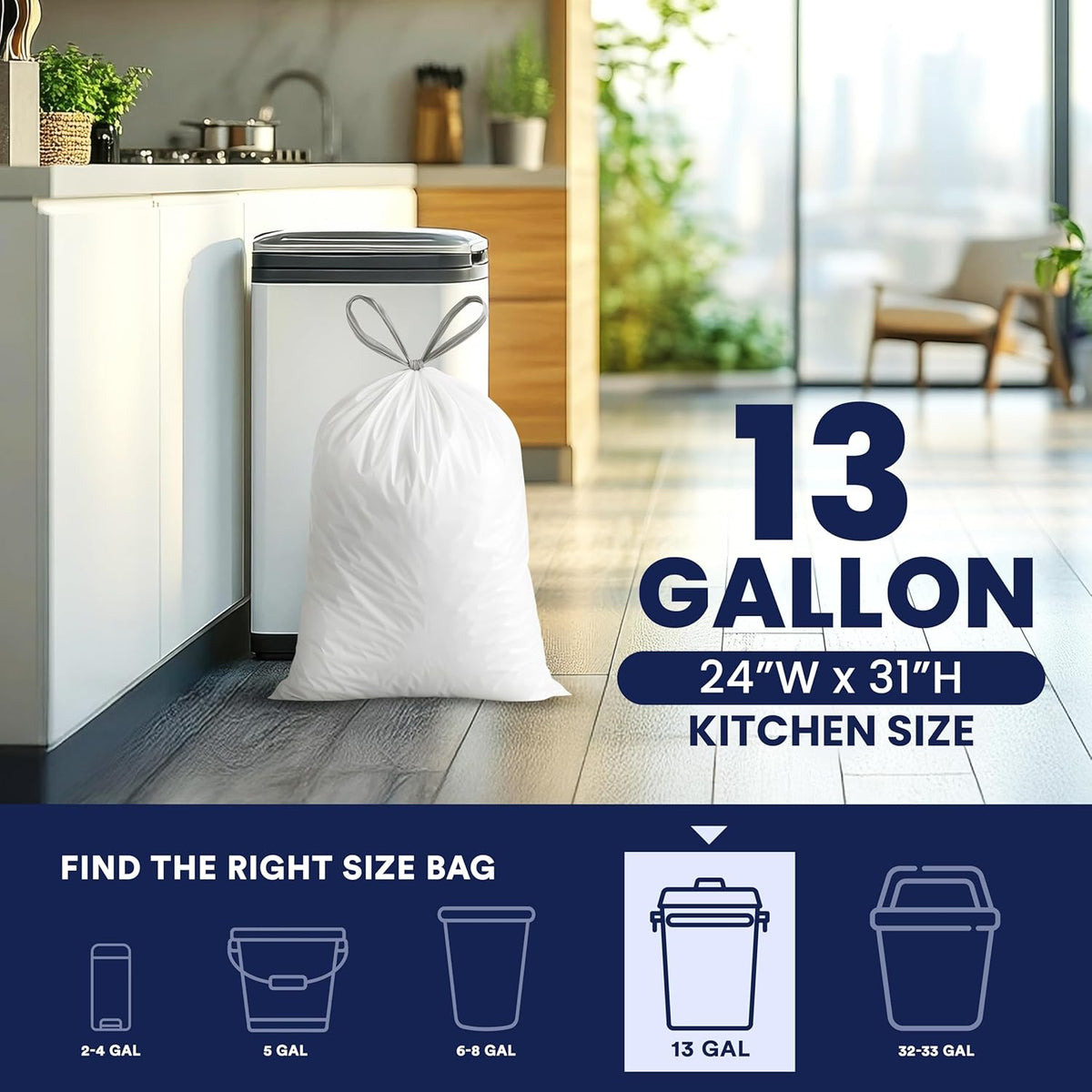 Plasticplace 13 Gallon Trash Bags │ 1.2 Mil │ White Extra-Large Drawstring Garbage Can Liners │ 24"