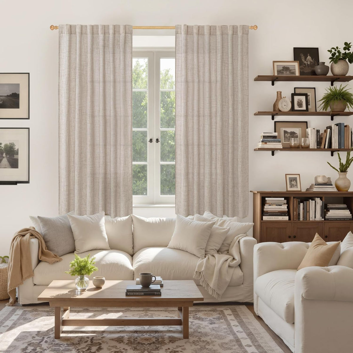 YoungsTex Beige Linen Semi Sheer Curtains 63 Inch Length for Living Room, Light Filtering Window