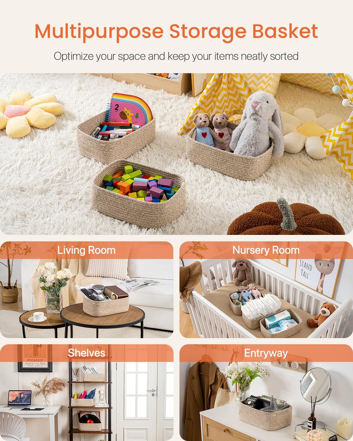 Small Woven Basket, 12 x 8 x 4.5 Inches, Storage Basket for Organizing, Cute Small Rope Shelf