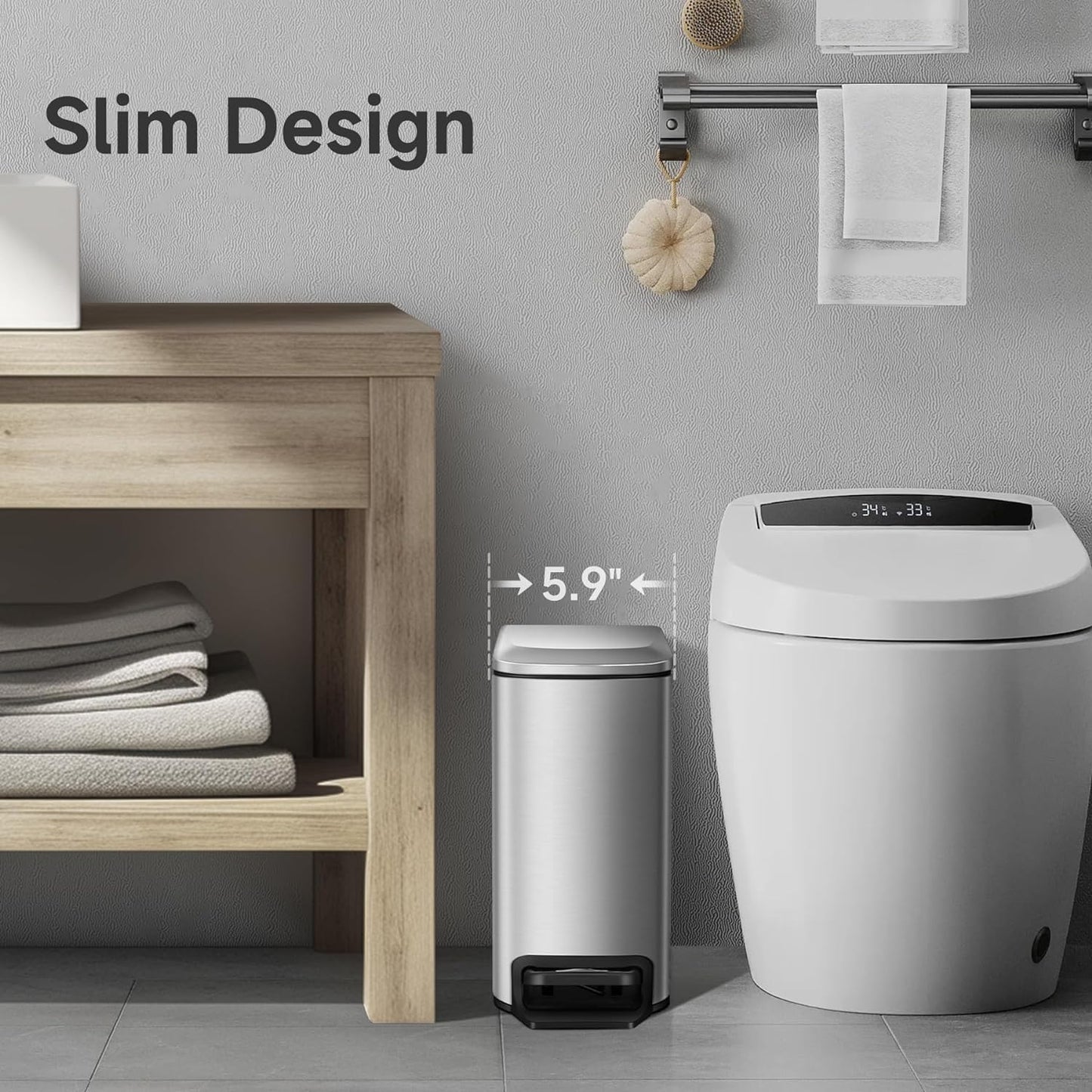TIPGO Slim Bathroom Trash Can with Lid Soft Close, Step Pedal, 6 Liter / 1.6 Gallon Stainless Steel