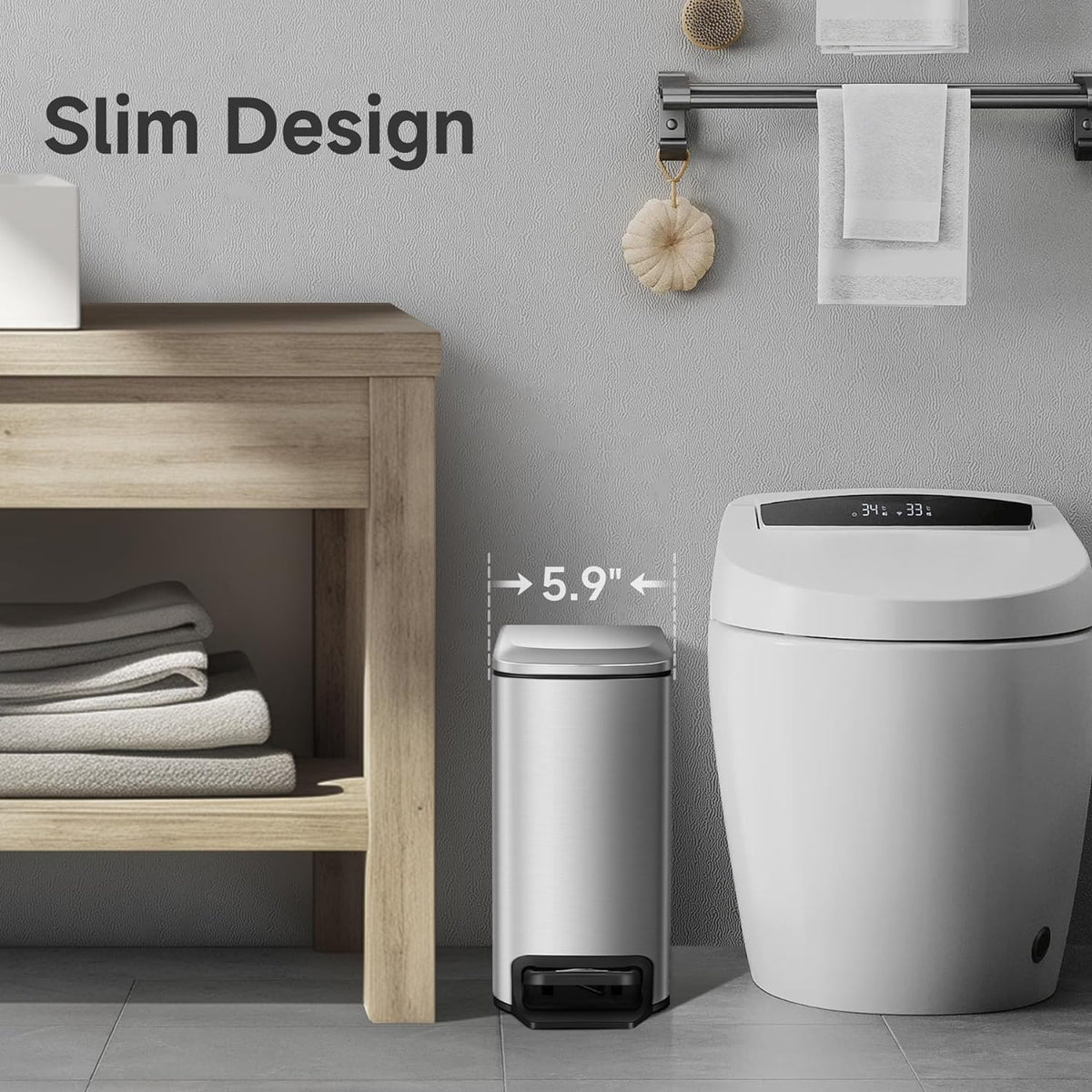 TIPGO Slim Bathroom Trash Can with Lid Soft Close, Step Pedal, 6 Liter / 1.6 Gallon Stainless Steel