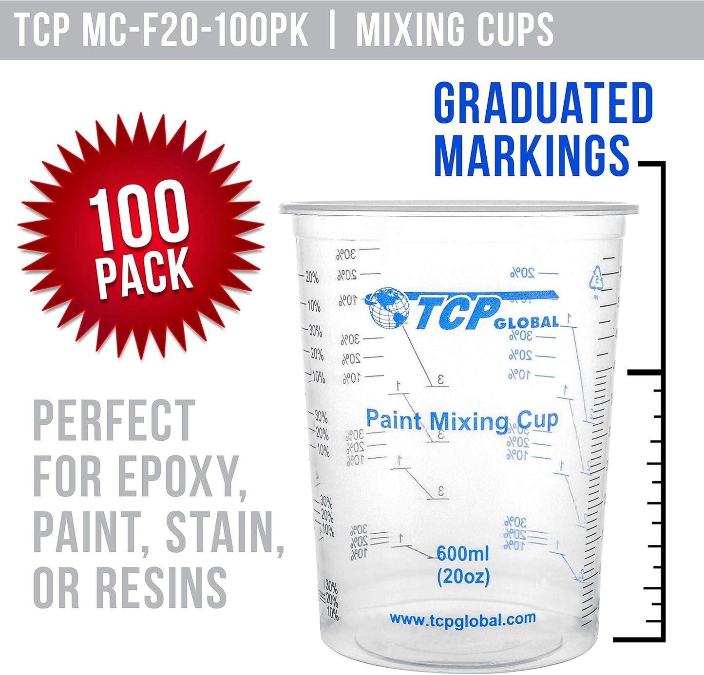 TCP Global 20 oz. (600ml) Graduated Plastic Mixing Cups - Box of 100 with 50 Mixing Sticks