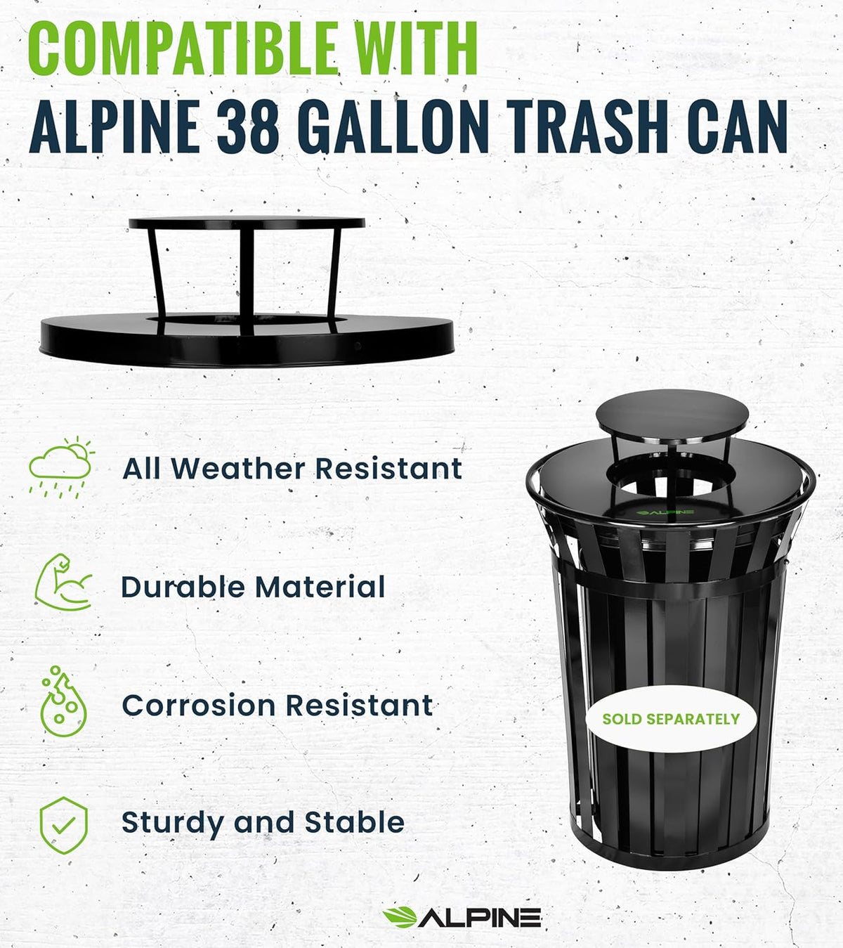 Trash can Lid for Alpine Commercial Outdoor Trash Can - Weather Resistant Round Metal Trash Can