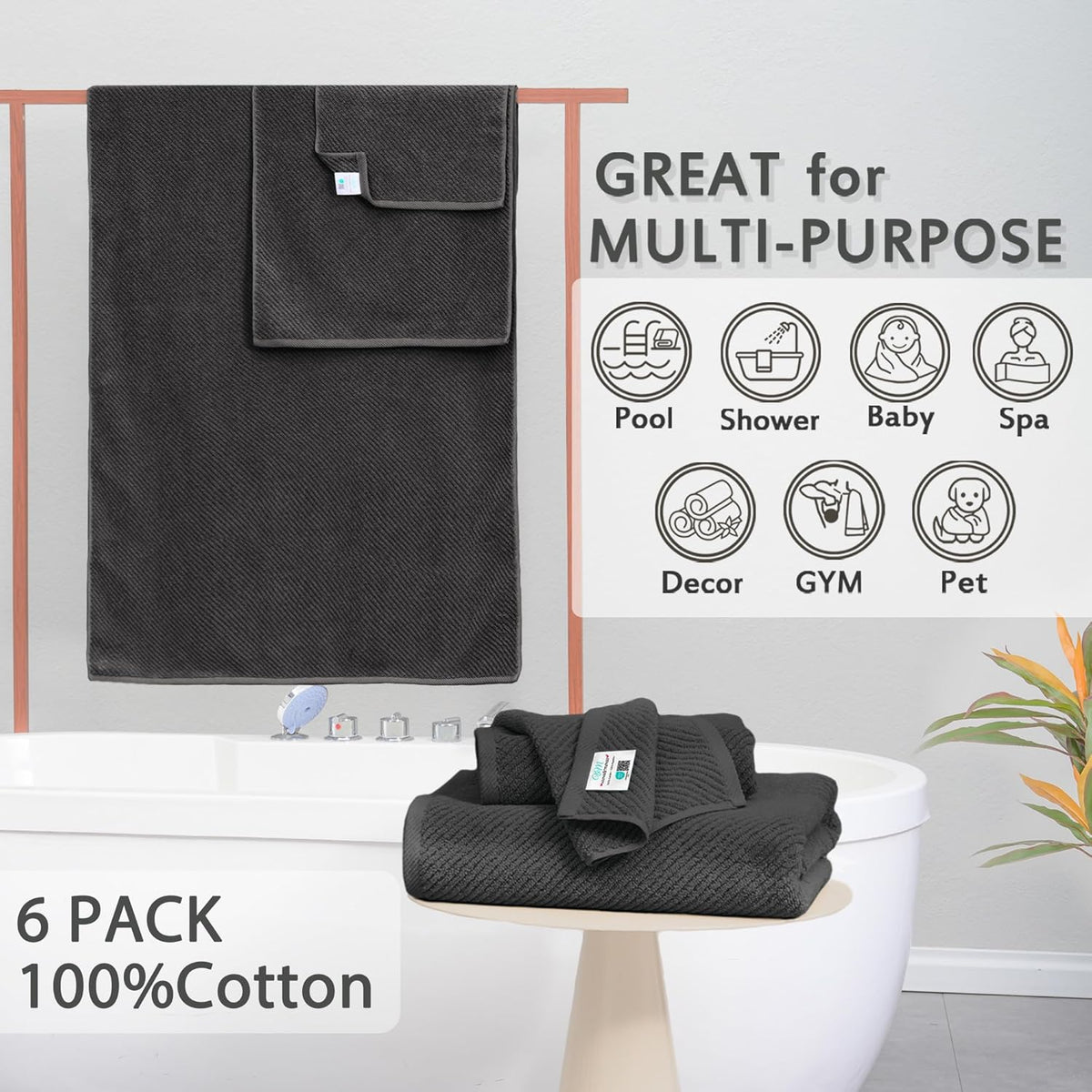 VOOVA & MOVAS Gray Towels - 100% Cotton | Lightweight | Quick Dry | Thick | Soft, Towel Set of 6, 2