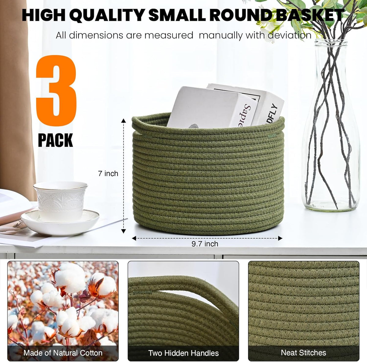 Small Storage Baskets for Organizing, Organizer Baskets for Shelves, Green Woven Basket for Storage