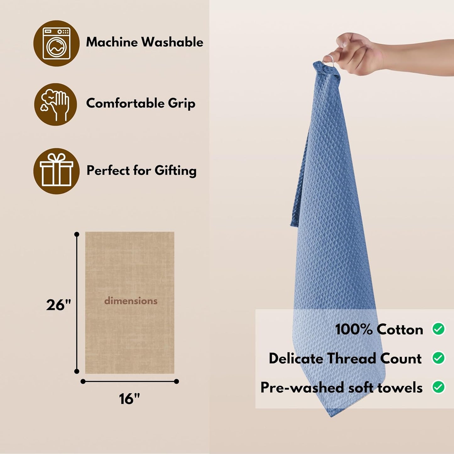 Native Fab Cotton Kitchen Towel with Hanging Loop 16x26 inches, 4-Pack, Waffle Weave Kitchen Towels