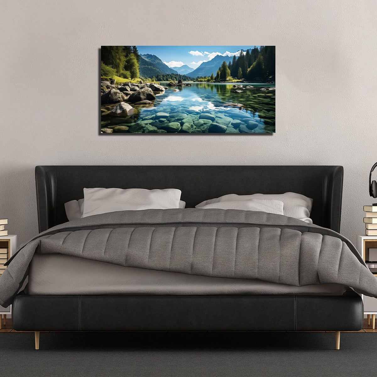 GUGIKA Landscape Wall Art for Living Room, Mountain and Lake Wall-Decor for Bedroom, Natural