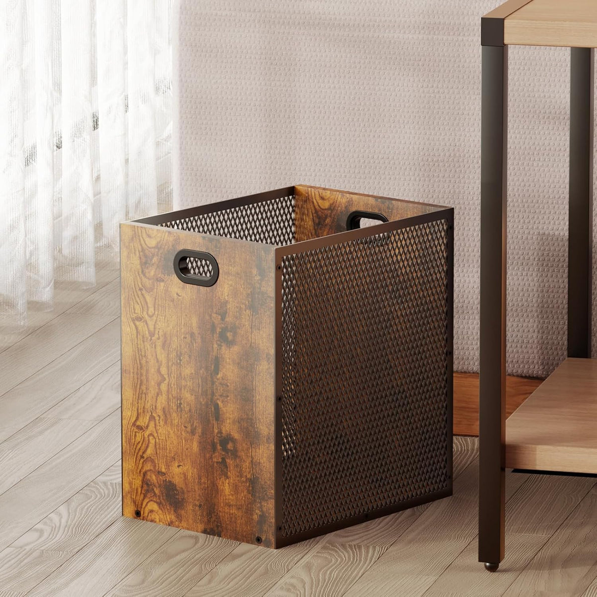 Retro Office Trash Can, Iron and Wood Combination Bedroom Garbage Can, Rectangular Design
