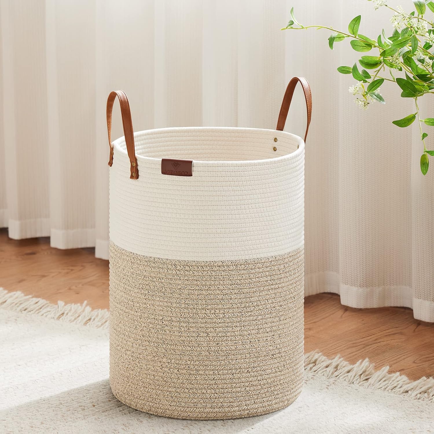 VIPOSCO Small Laundry Basket, Slim Baby Hamper with Leather Handle, Cute Woven Rope Storage Basket