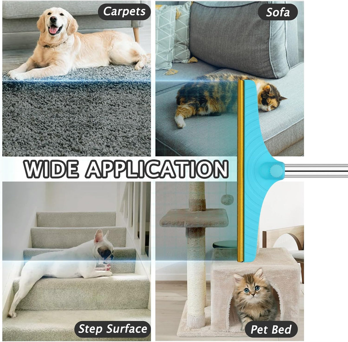 Carpet Rake for Pet Hair Removal - Reusable Pet Hair Remover, 60” Adjustable Long Handle Cat Dog