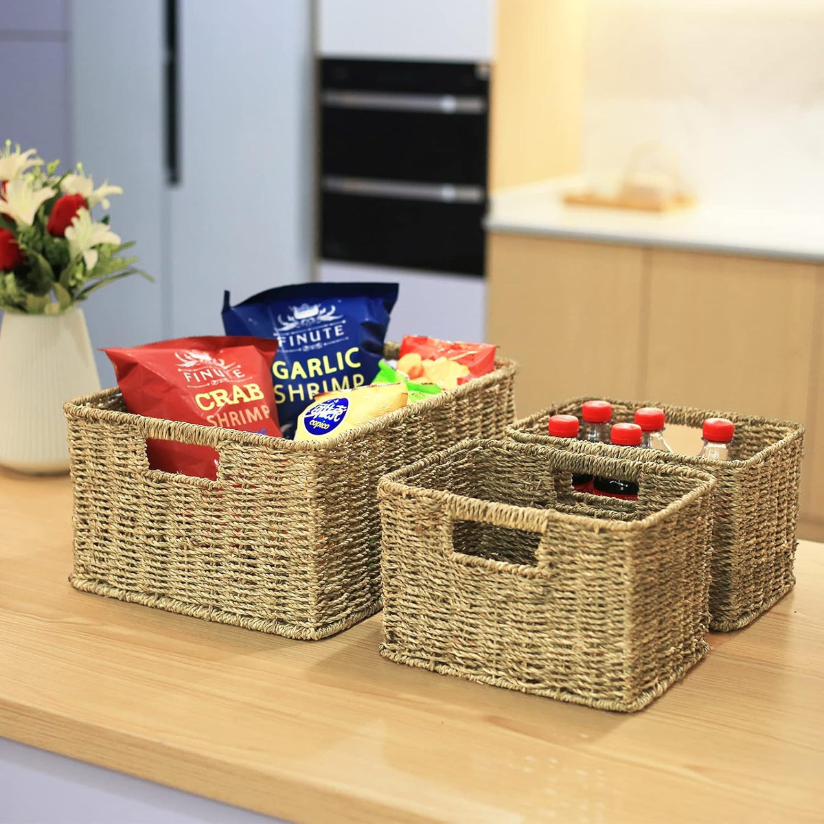 HOONEX Large Wicker Baskets for Storage, Seagrass Baskets with Dual Handles, Woven Baskets for