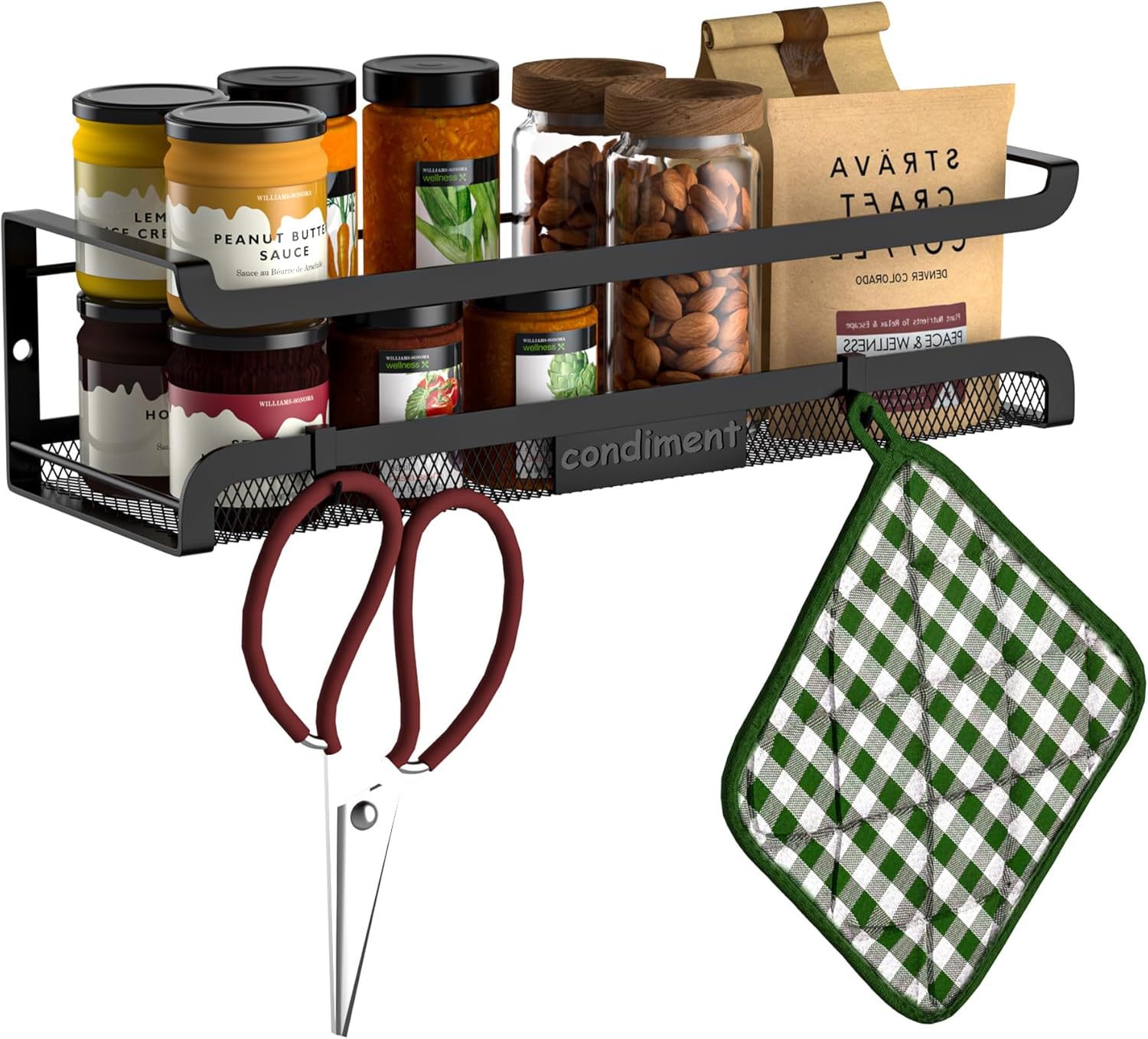 Spice Rack Wall Mount with Hooks - Spice Racks Organizer for Cabinet Storage, Wall Mounted Hanging