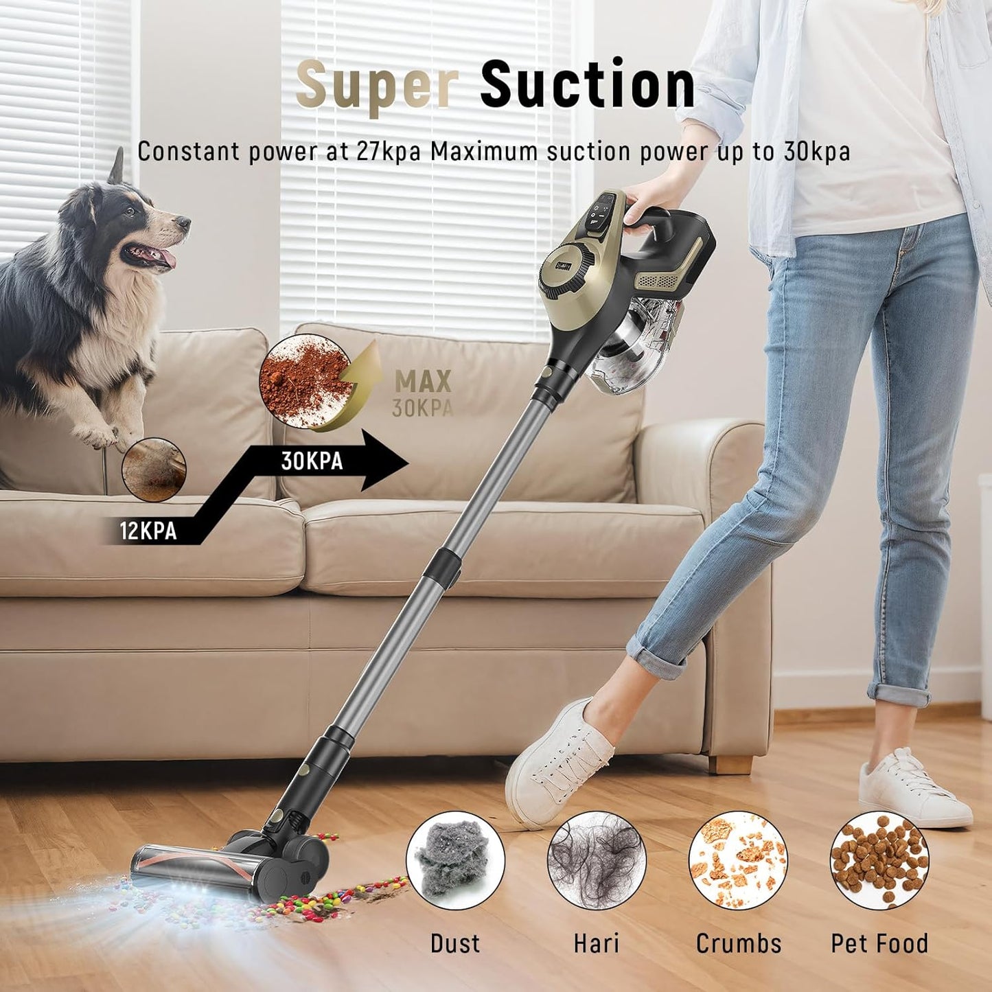 Cordless Vacuum Cleaner, 30Kpa Home Stick Vacuum, Smart Display & 1.5L Dust Cup, 55mins Max