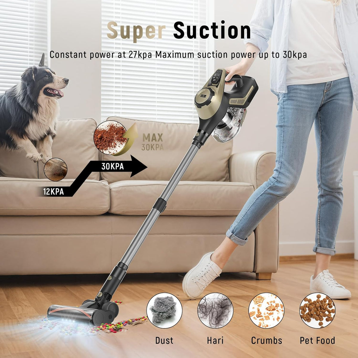 Cordless Vacuum Cleaner, 30Kpa Home Stick Vacuum, Smart Display & 1.5L Dust Cup, 55mins Max