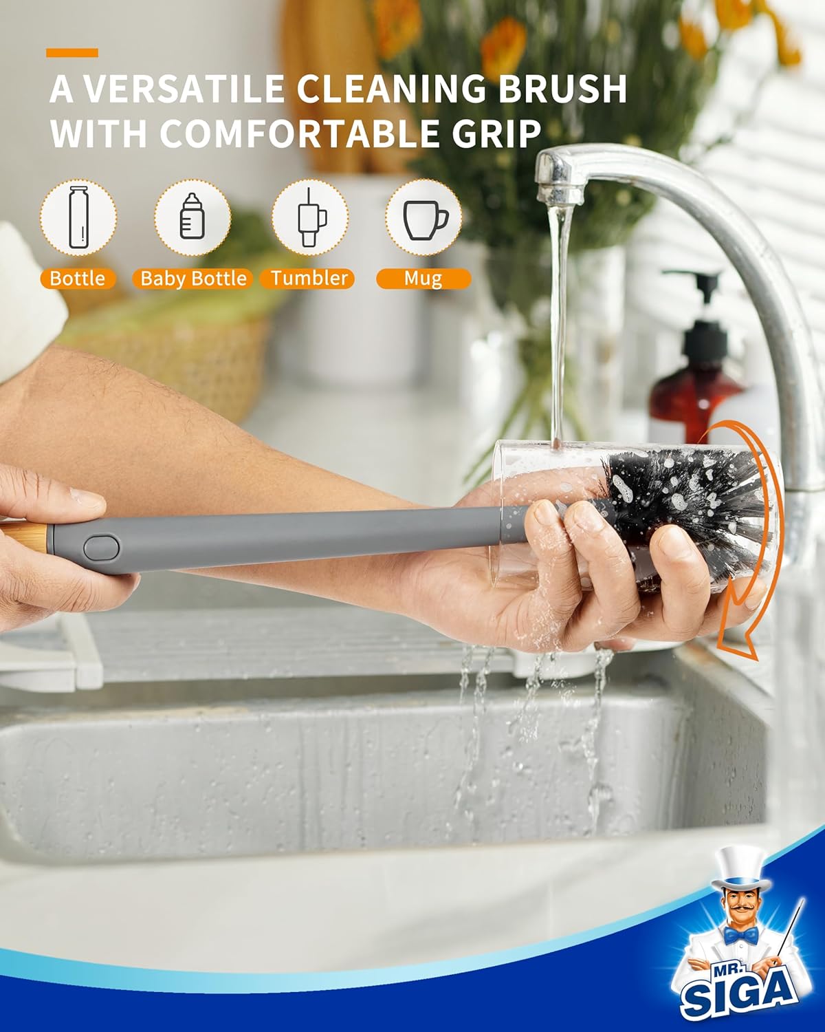 MR.SIGA Water Bottle Brush and Straw Cleaner Brush, Long Handle Bottle Cleaner Brush, 2 in 1 Bottle