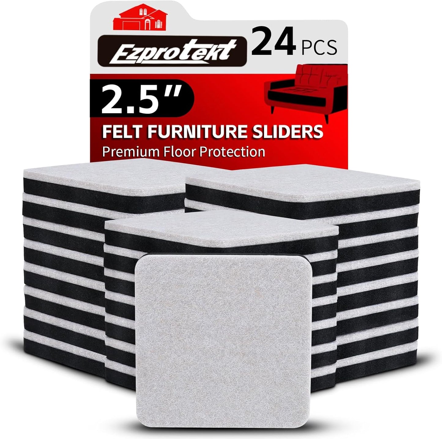 Ezprotekt 2.5" Square Felt Furniture Movers Sliders for Hardwood Floors, 24 Pcs Reusable Felt