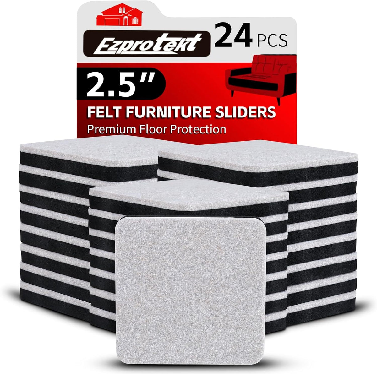 Ezprotekt 2.5" Square Felt Furniture Movers Sliders for Hardwood Floors, 24 Pcs Reusable Felt