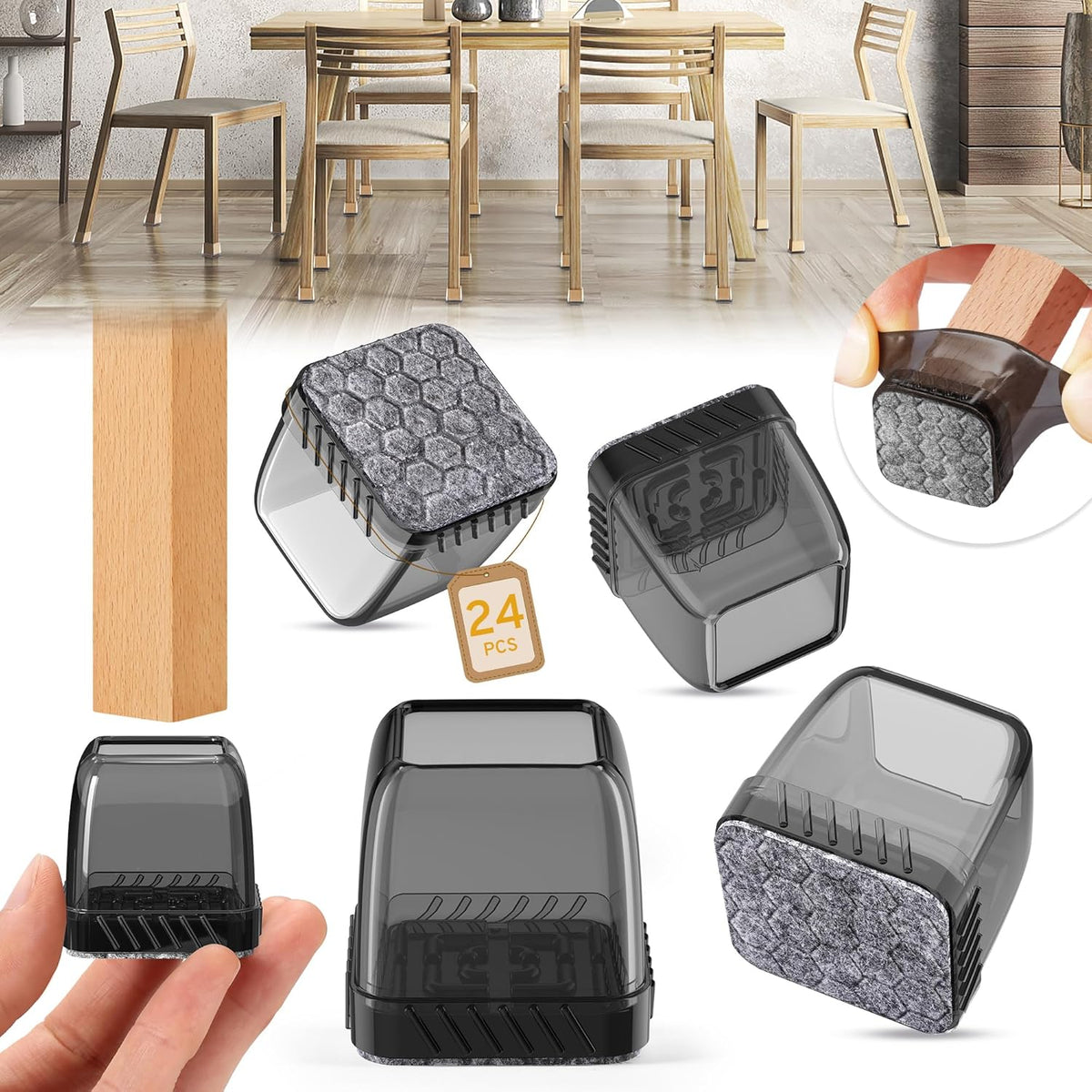 24PCS Square Chair Leg Floor Protectors, Furniture Sliders, Chair Leg Protectors for Hardwood