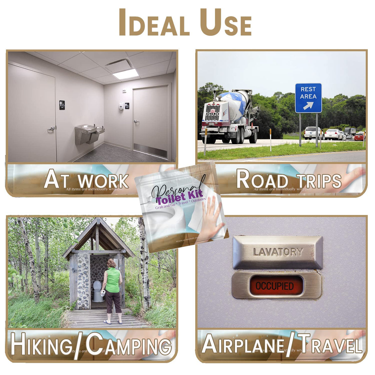Personal Toilet Kit To Go – 10 Pack | Disposable Public Restroom Kit | Individually Wrapped for