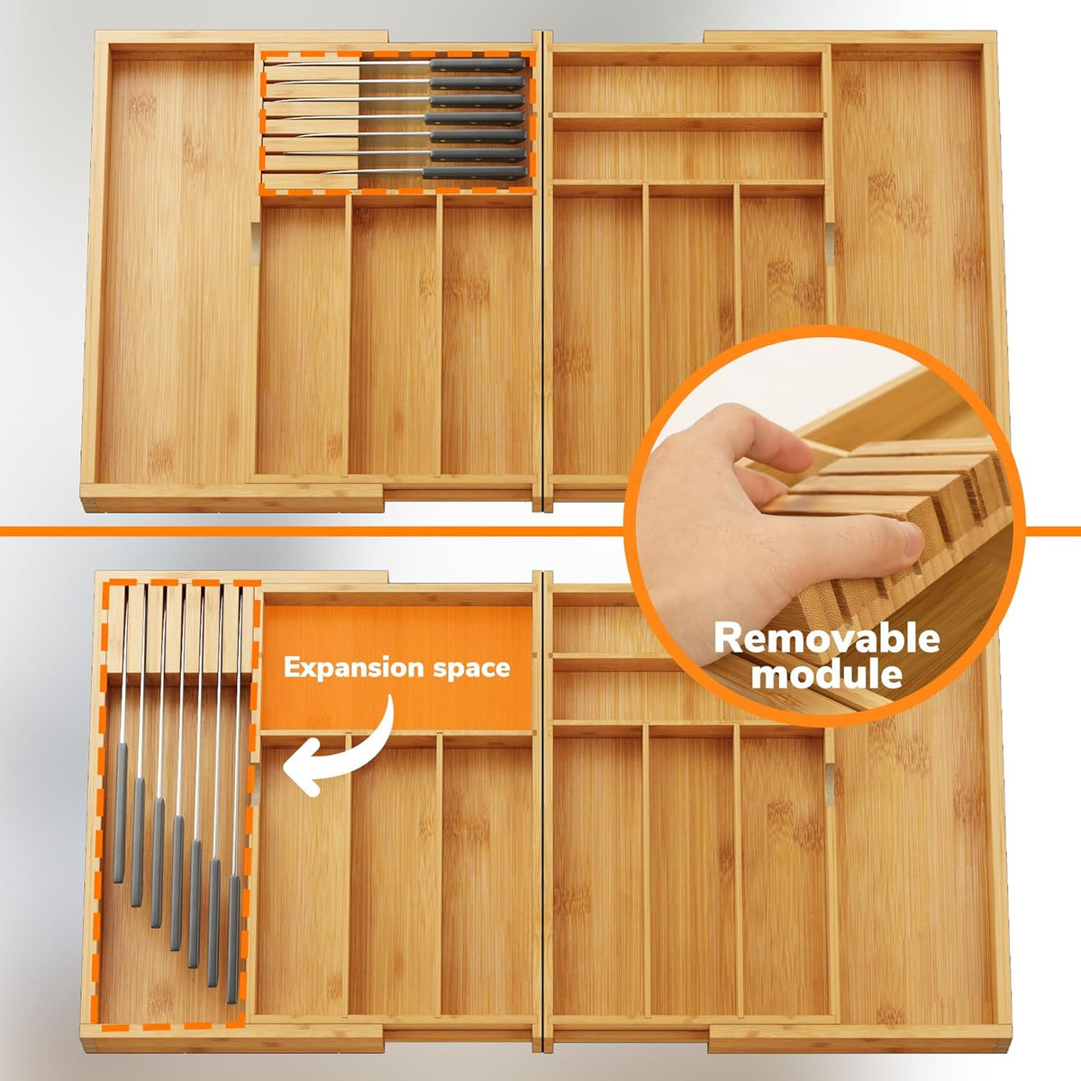 BAMEOS Expandable Silverware Drawer Organizer with Removable Knife Blocks, Bamboo Kitchen Utensil