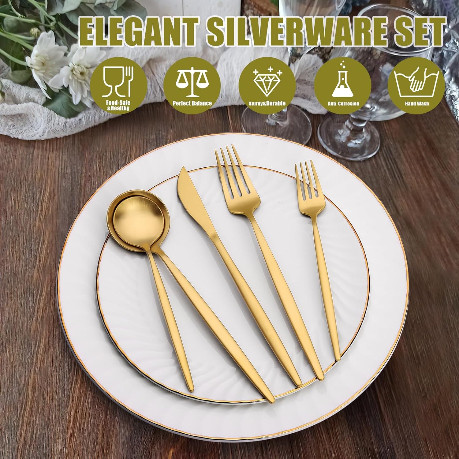 20 Piece Gold Silverware Set for 4, Terlulu Stainless Steel Flatware Set, Gold Cutlery Set Utensils