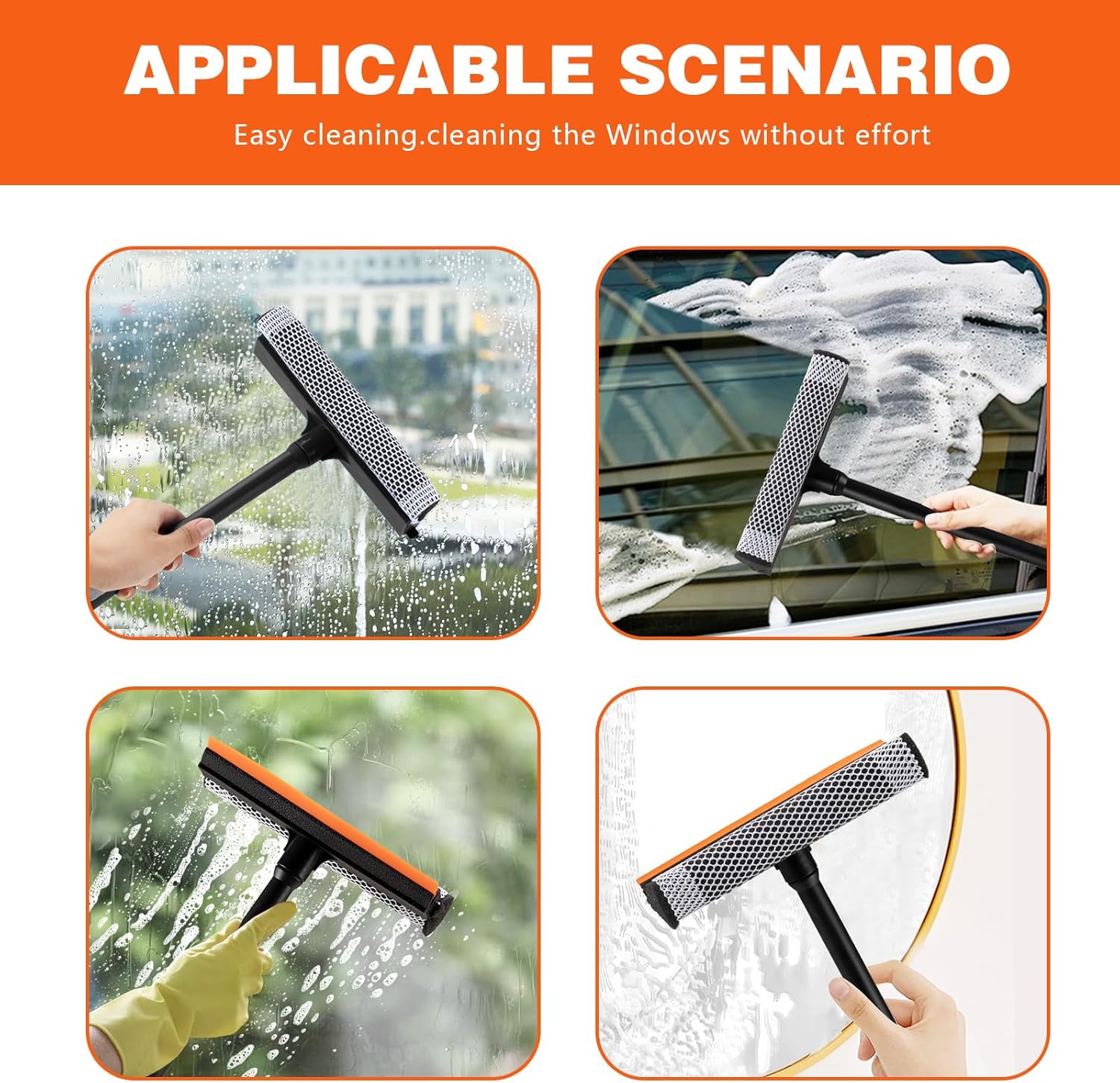 2 in1 Window Squeegee for Car, Window Cleaner with 16inch Long Handle,Sponge Car Window Squeegee