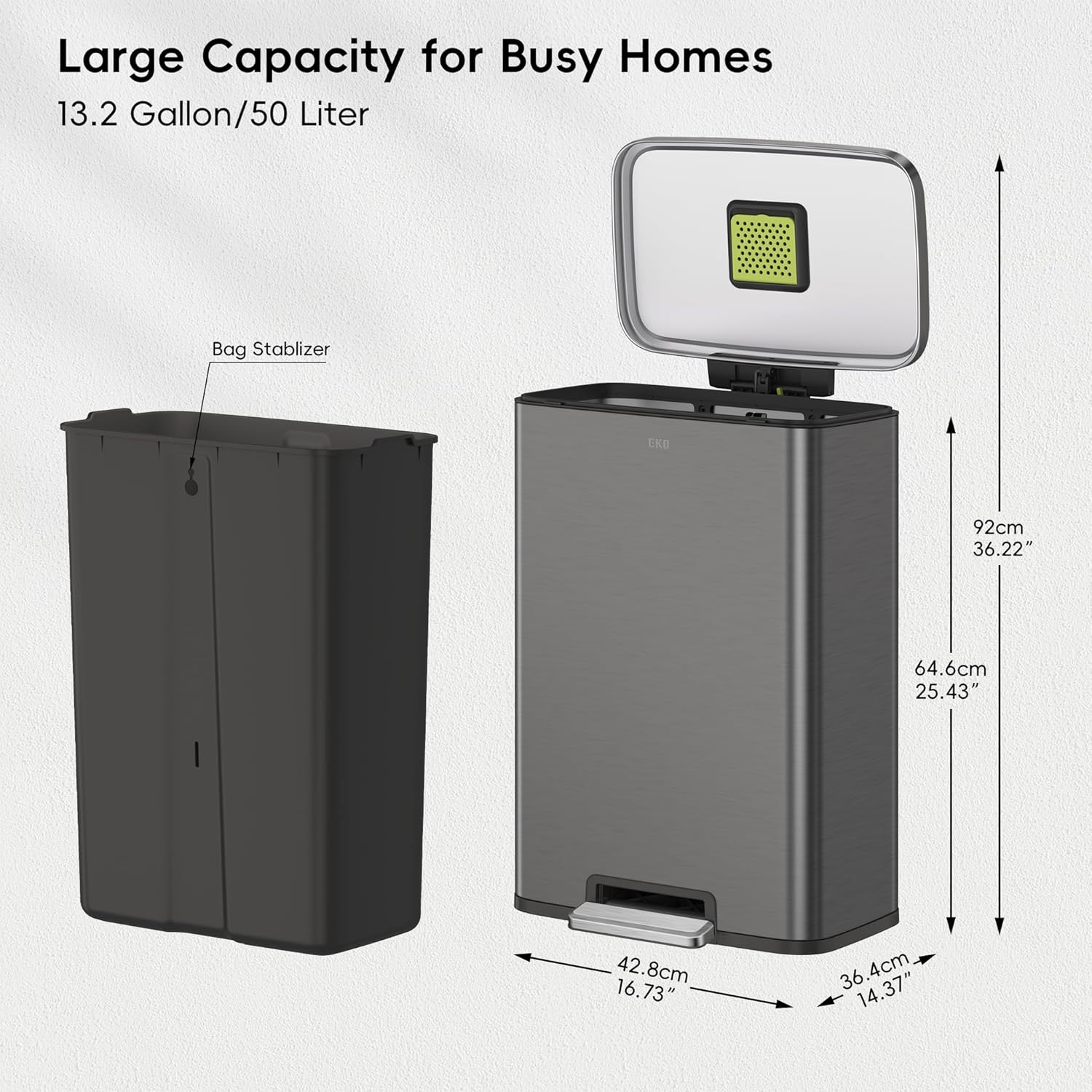 EKO Madison Gunmetal Stainless Steel 50 Liter/13.2 Gallon Step Trash Can with Inner Liner