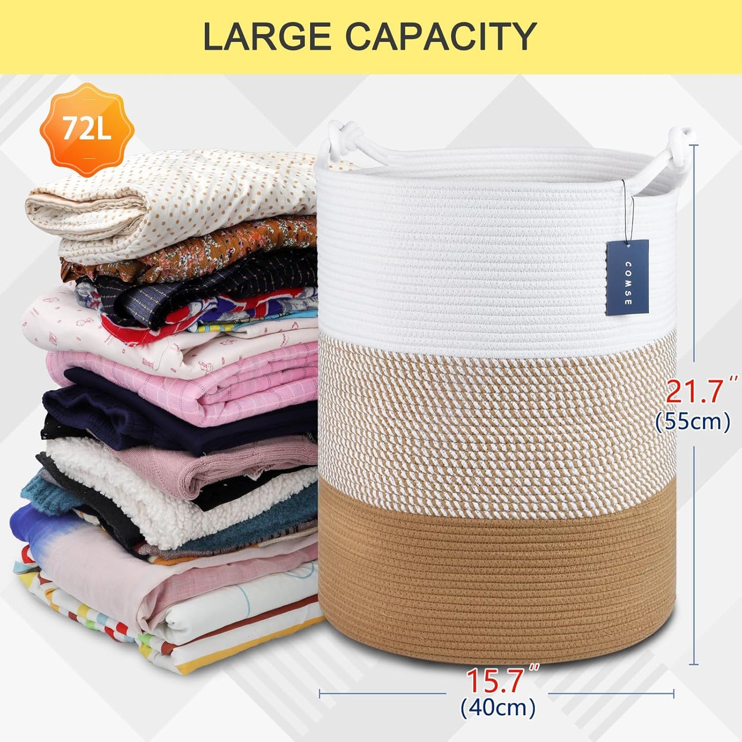 COMSE Extra Large Blanket Basket, Tall Woven Storage Basket, Nursery Hamper, 15.7”x 21.7”, Cotton