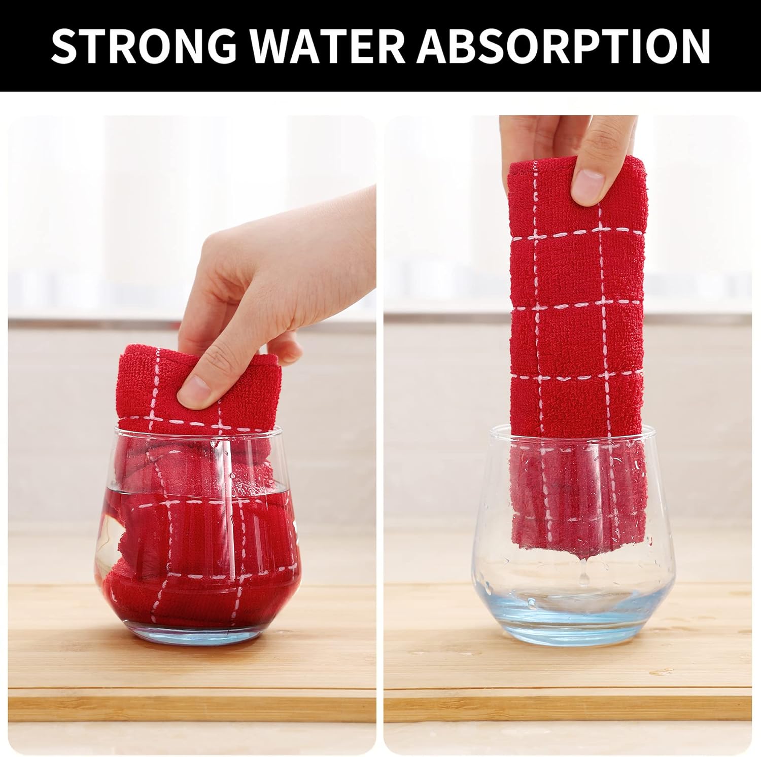 Homaxy 100% Cotton Terry Kitchen Towels(Red, 13 x 28 inches), Checkered Designed, Soft and Super