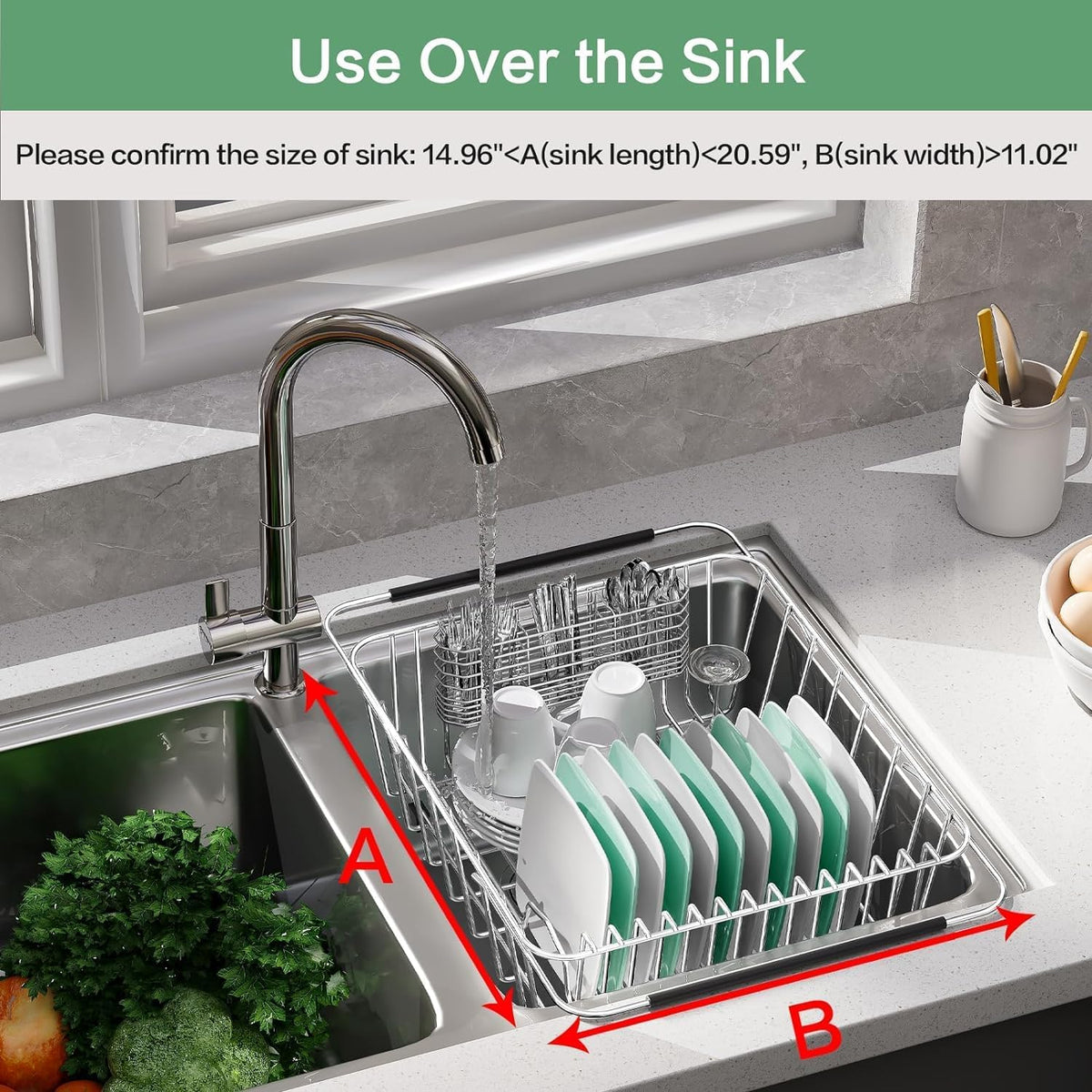 Large Sink Dish Drying Rack, Expandable 304 Stainless Steel Metal Dish Drainer Rack Organizer
