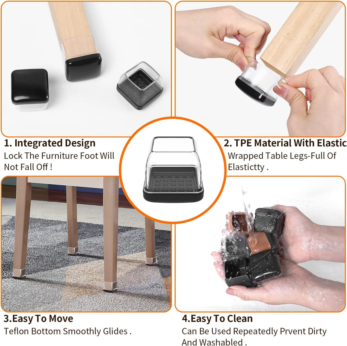 Ezprotekt 24 Pcs Clear Chair Leg Sliders for Carpet, Square Chair Glides for Rug, Teflon Furniture