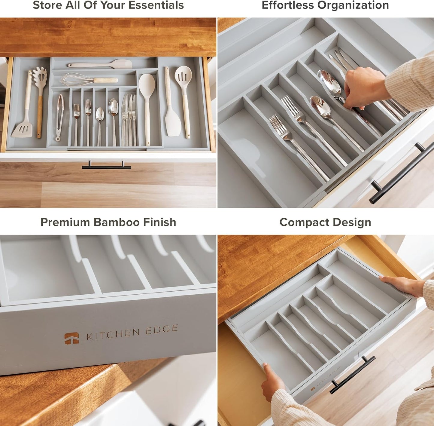 KitchenEdge Premium Silverware, Flatware and Utensil Organizer for Kitchen Drawers, Food-Safe