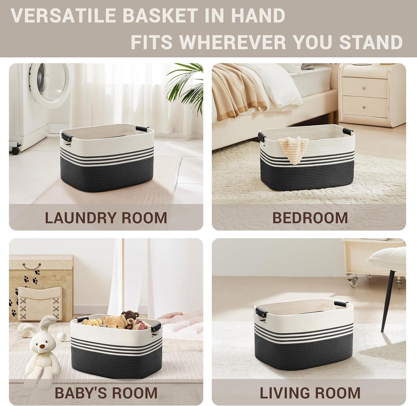 45L Small Laundry Basket with Leather Handles for Living Room Storage, Woven Rope Baskets Bin for