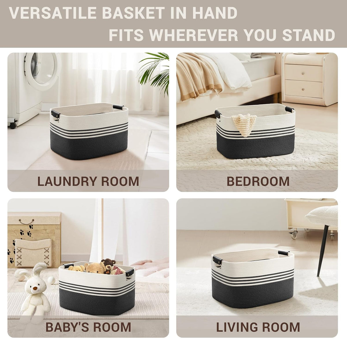 45L Small Laundry Basket with Leather Handles for Living Room Storage, Woven Rope Baskets Bin for