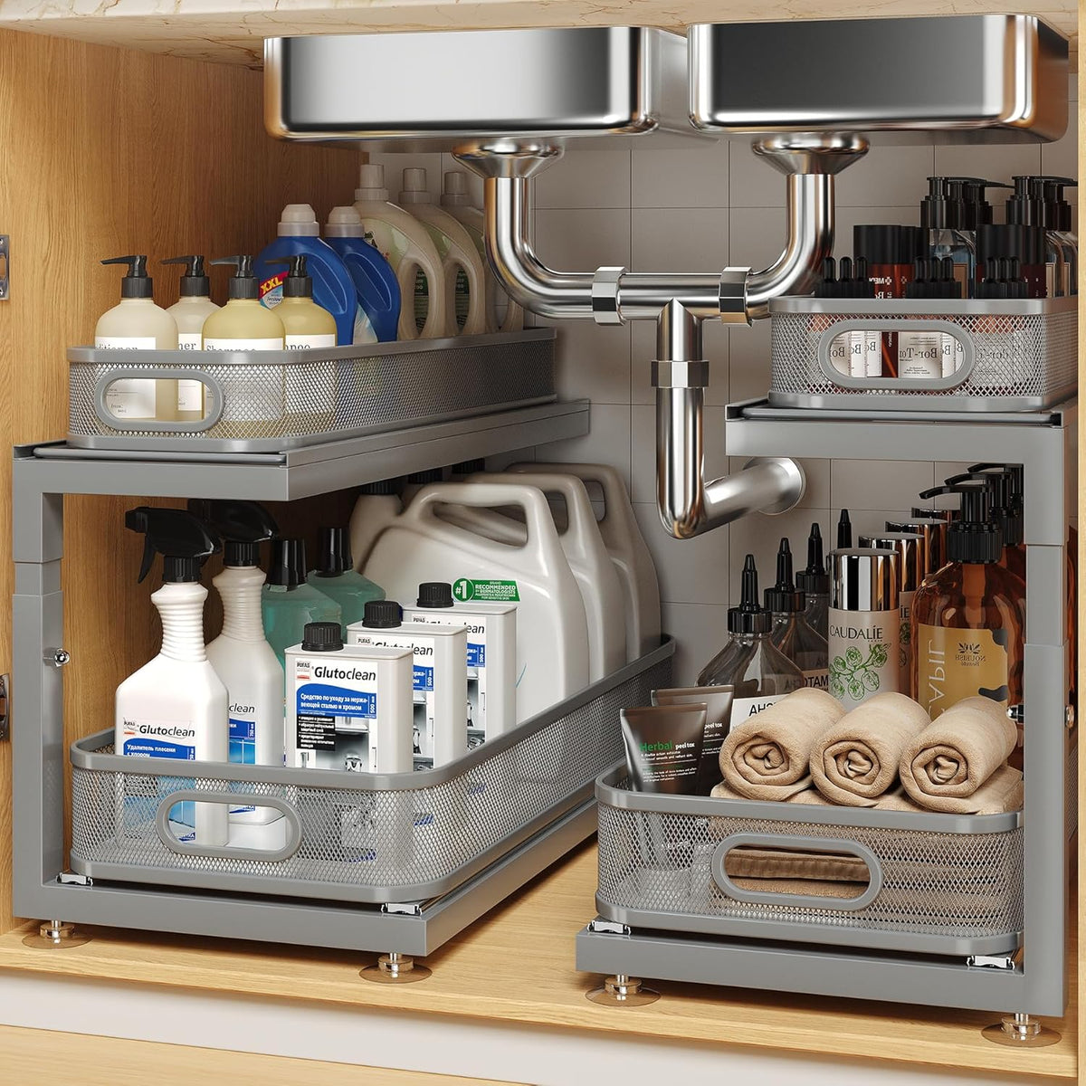 2-Pack 21.3 IN Depth Under Sink Organizer With Next-Gen Ball-Bearing Slides,Sophisticated Mesh