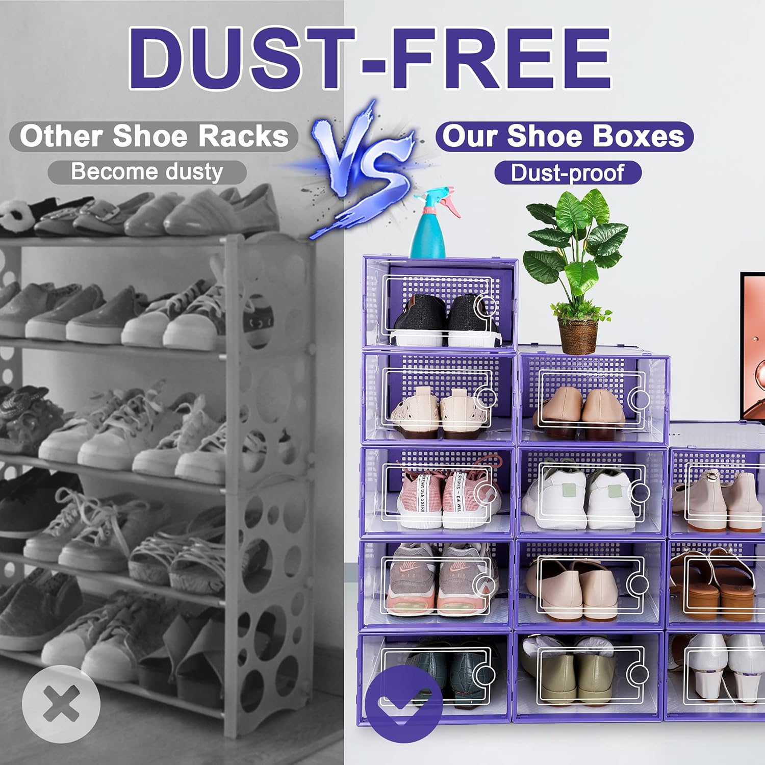 Kuject Shoe Organizers Storage Boxes for Closet, 12 Pack Clear Plastic Stackable Storage Bins with