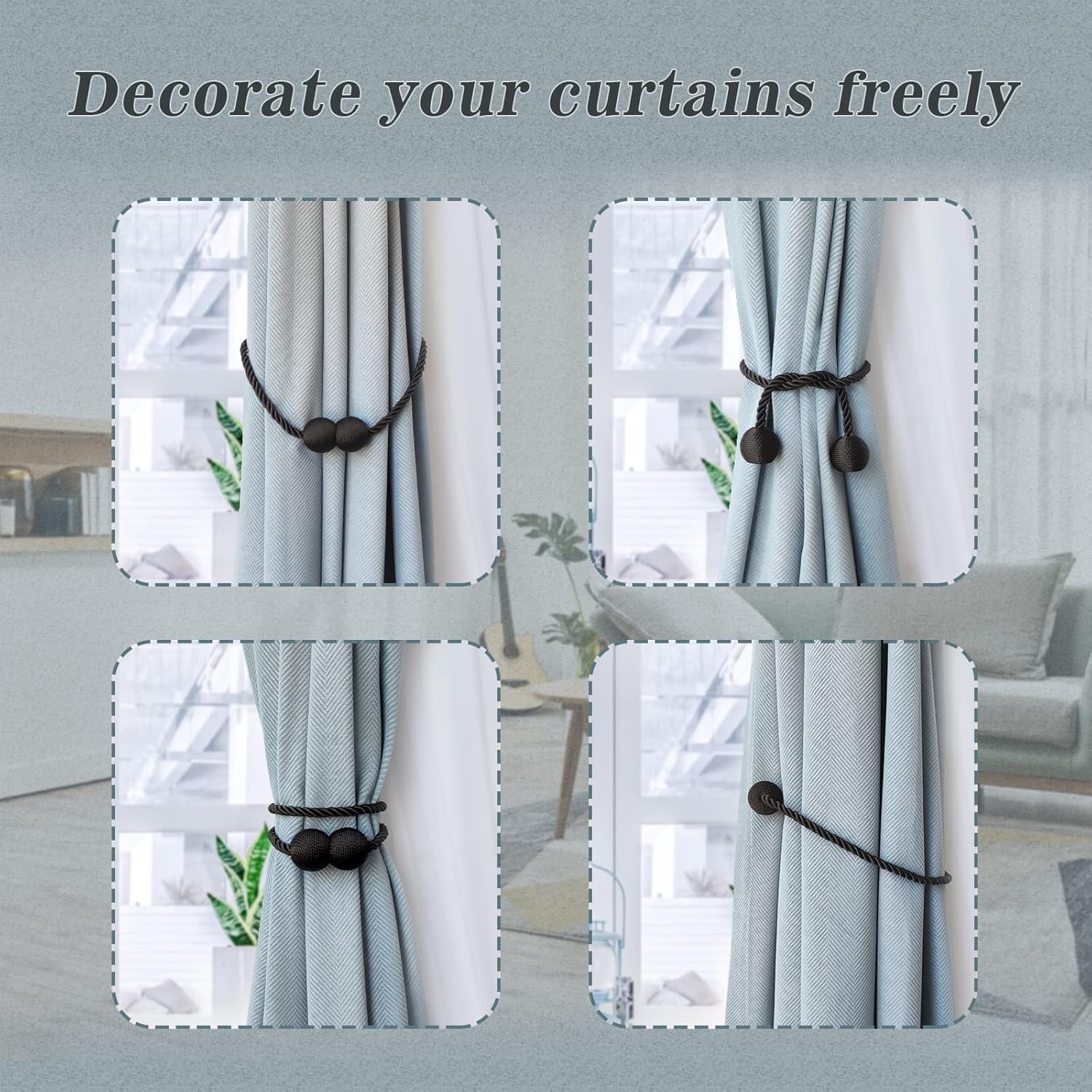 Hion Magnetic Curtain Tiebacks Black 6 Pack, Curtain Tiebacks Buckles Holdbacks Holders Hooks Clip