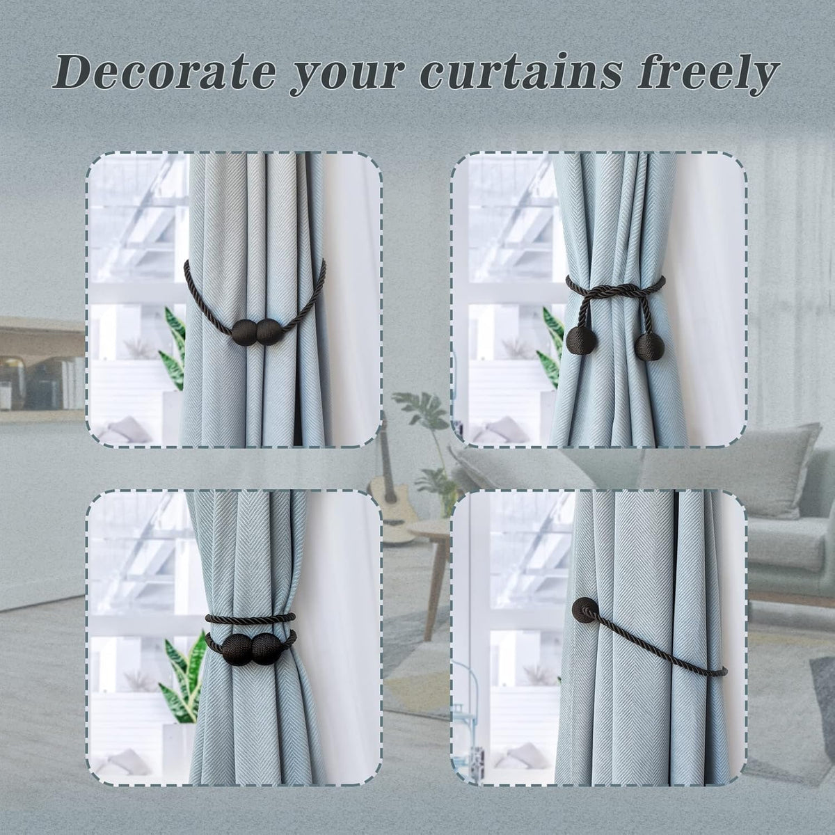 Hion Magnetic Curtain Tiebacks 4 Pack, Nickel-plated Metal and Polyester, Black
