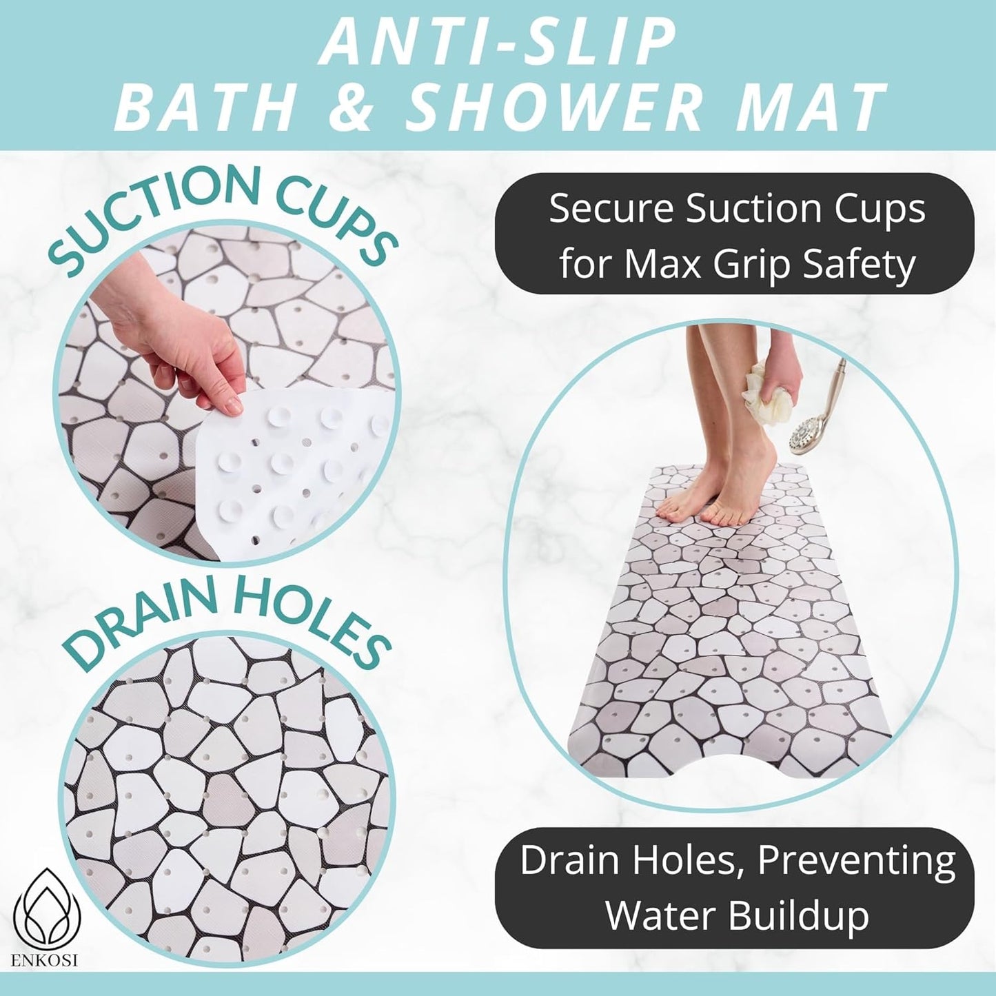 ENKOSI Bath Mat – Large 40 x 16 Inch Non-Slip Bathtub Mat with Secure Suction Cups & Drain Holes