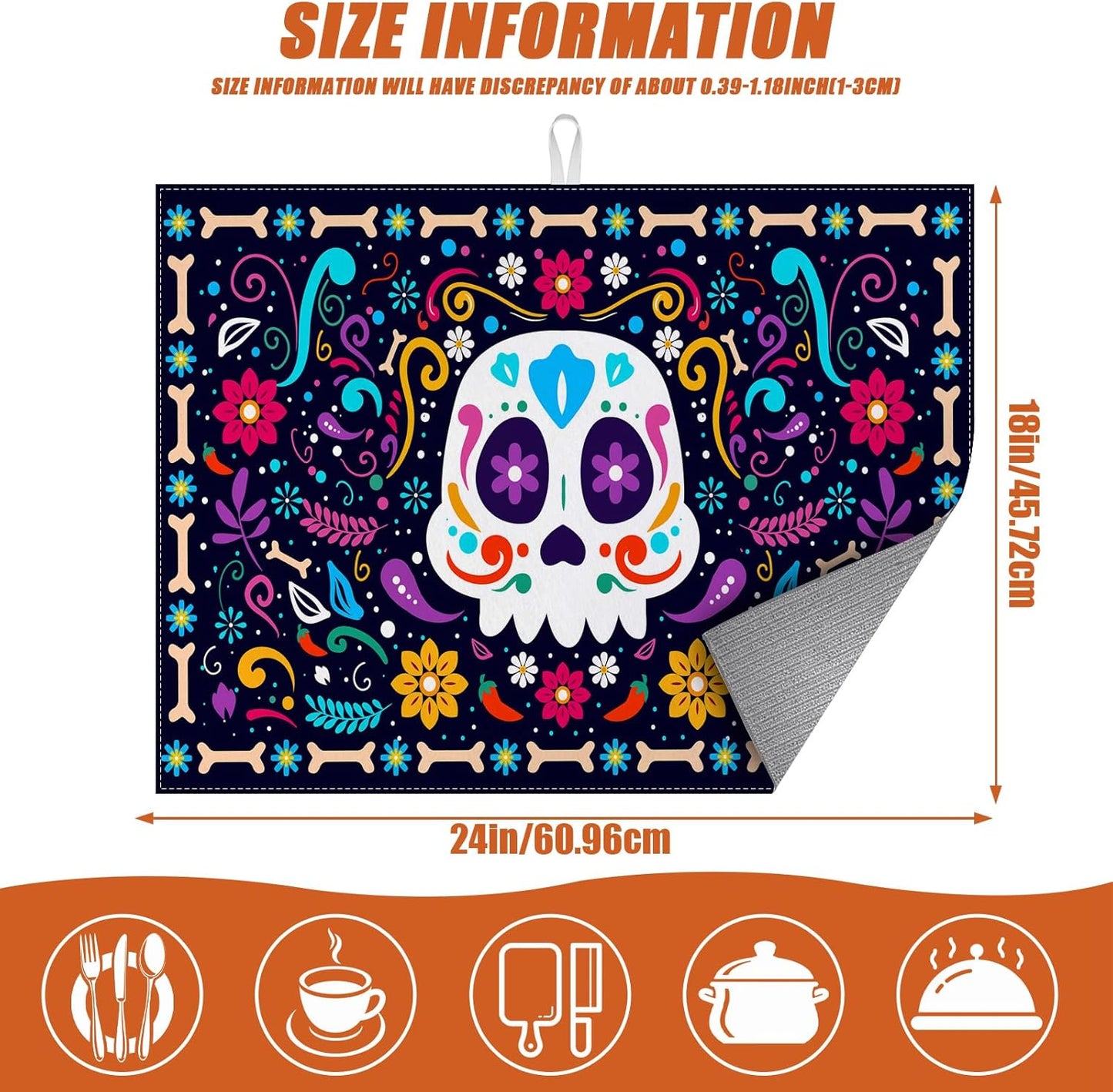 Sugar Skull Dish Drying Mat for Kitchen Counter Microfiber Absorbent Dish Day of the Dead Kitchen