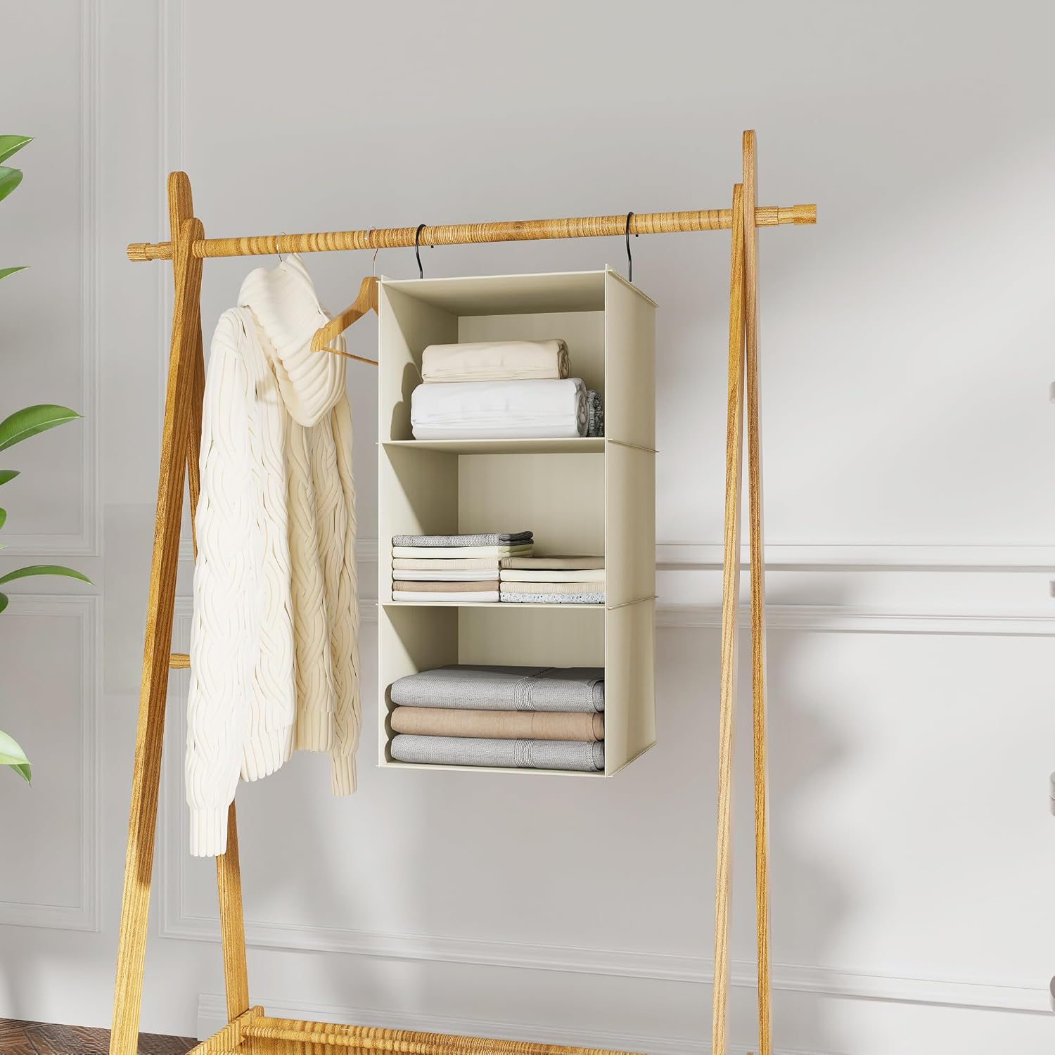 Hanging Closet Organizer and Storage 3-Shelf, Easy Mount Foldable Hanging Closet Wardrobe Storage