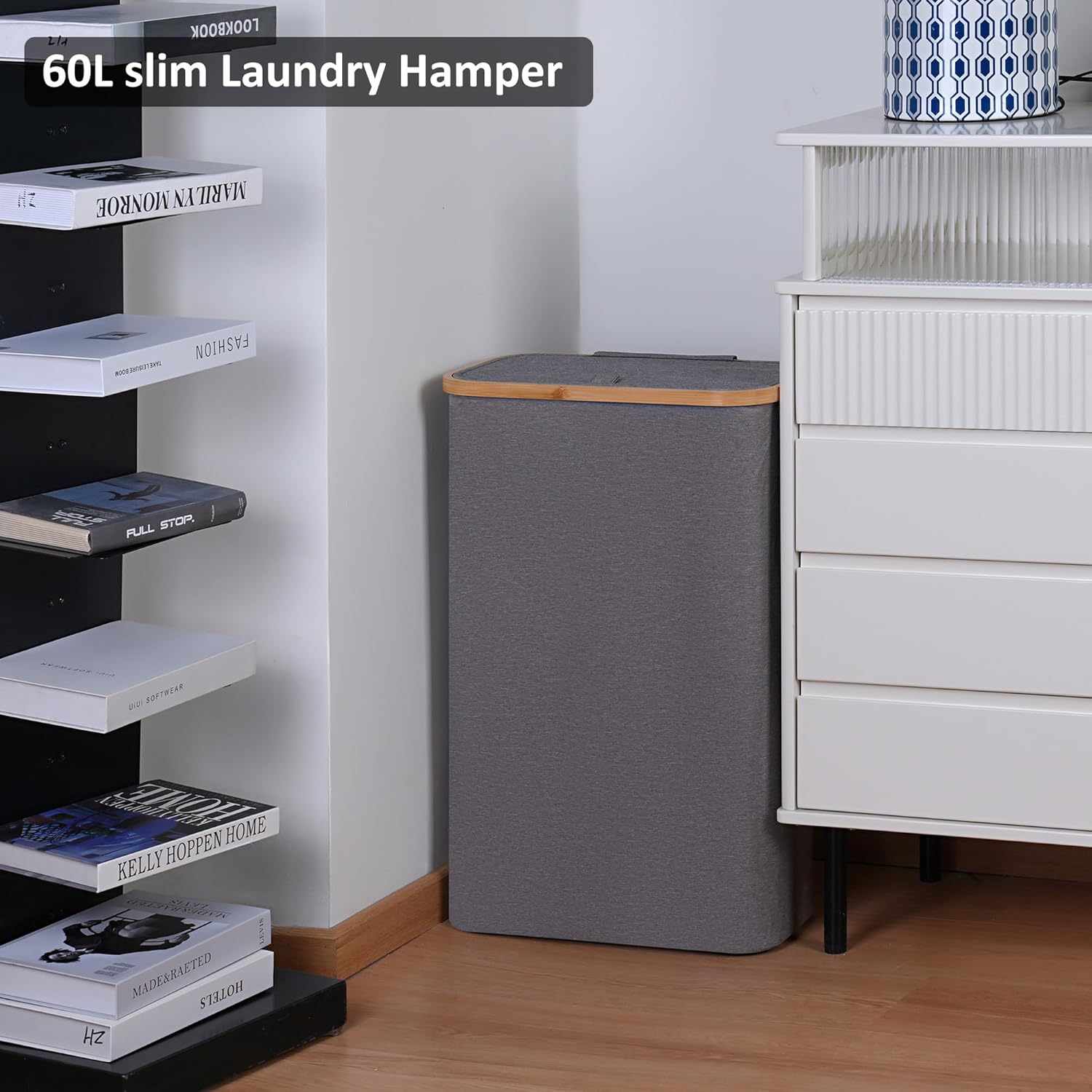 Slim Laundry Basket,60L Laundry Hamper with Lid, Tall Hamper for Laundry,Dirty Cloth Hamper with