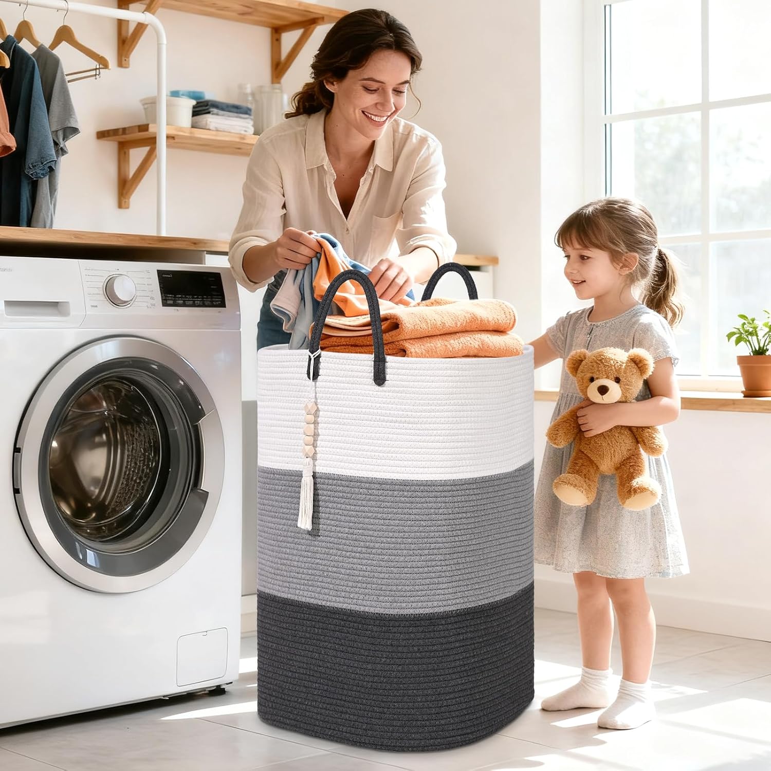 Woven Laundry Basket for Clothes,65 L Large Rectangle Laundry Hampers with Beads Tassel, Nursery
