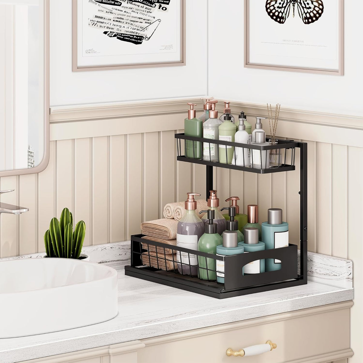Under Sink Organizer, 2 Pack Height Adjustable Cabinet Organizer with Slide Out Drawer, Pull Out
