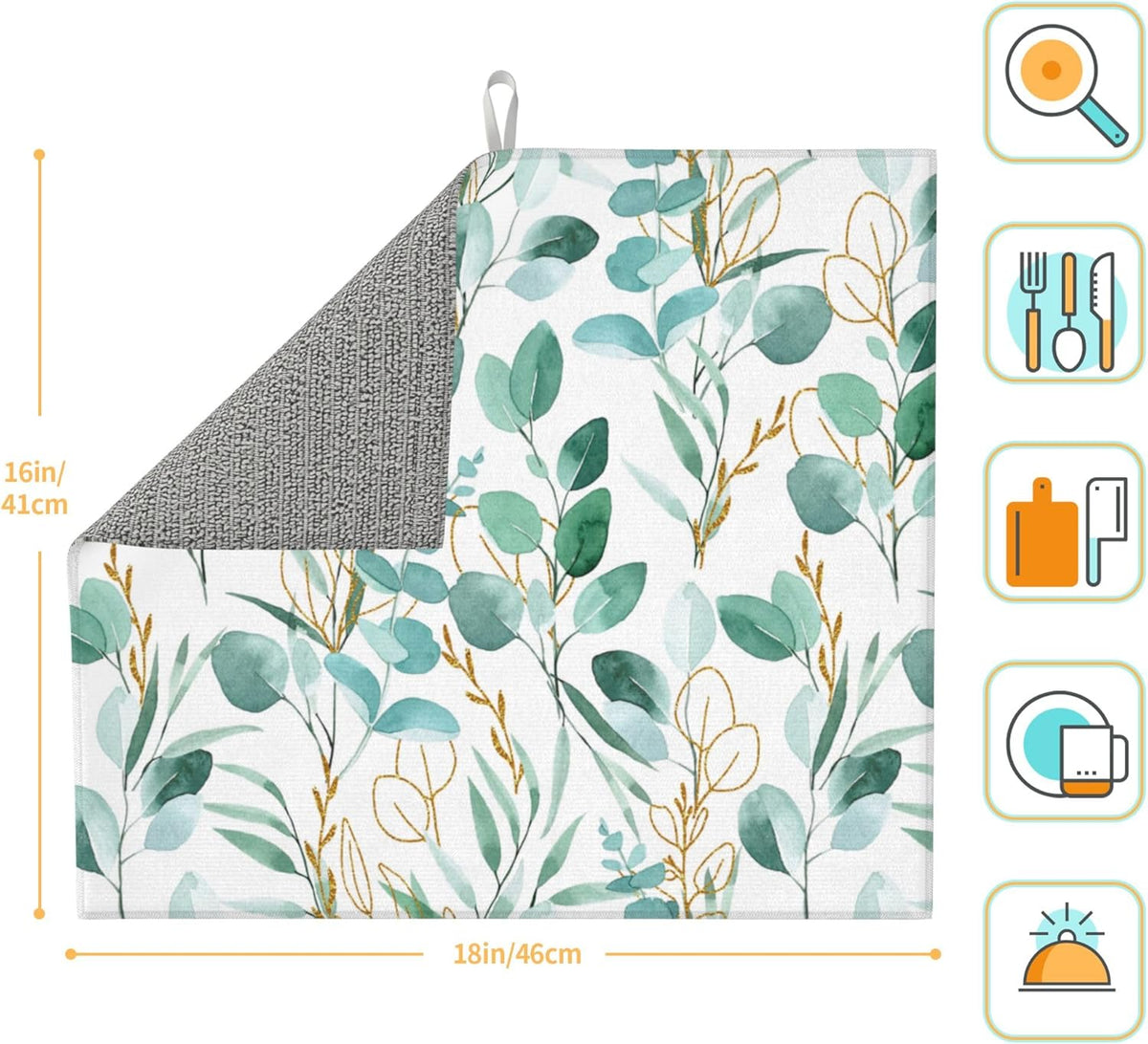 Sage Green Leaves Dish Drying Mat for Kitchen Counter Cute Botanical Dish Drainer Rack Mats 16"x18"